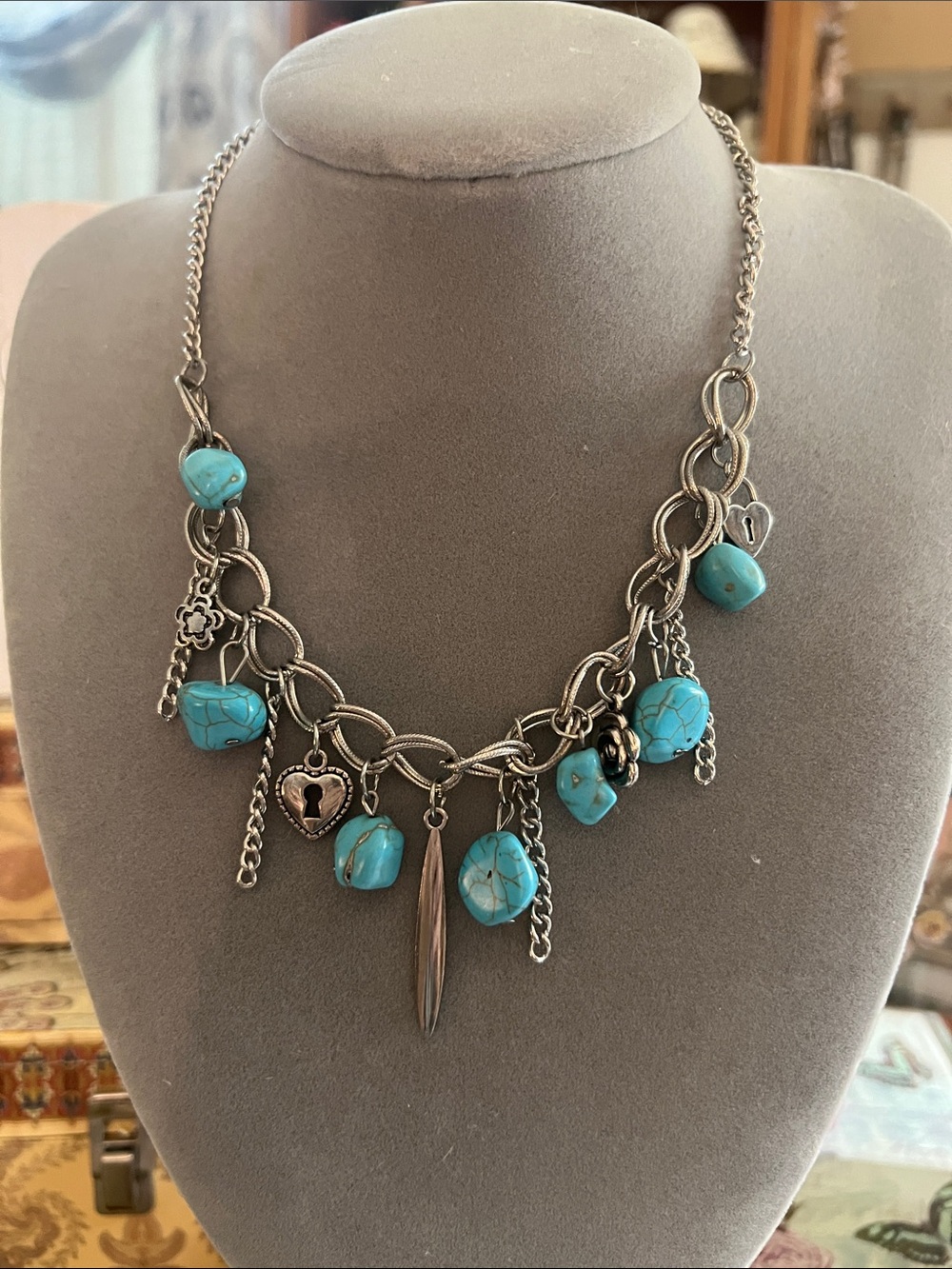 Turquoise Charm Statement Necklace - Silver Chain